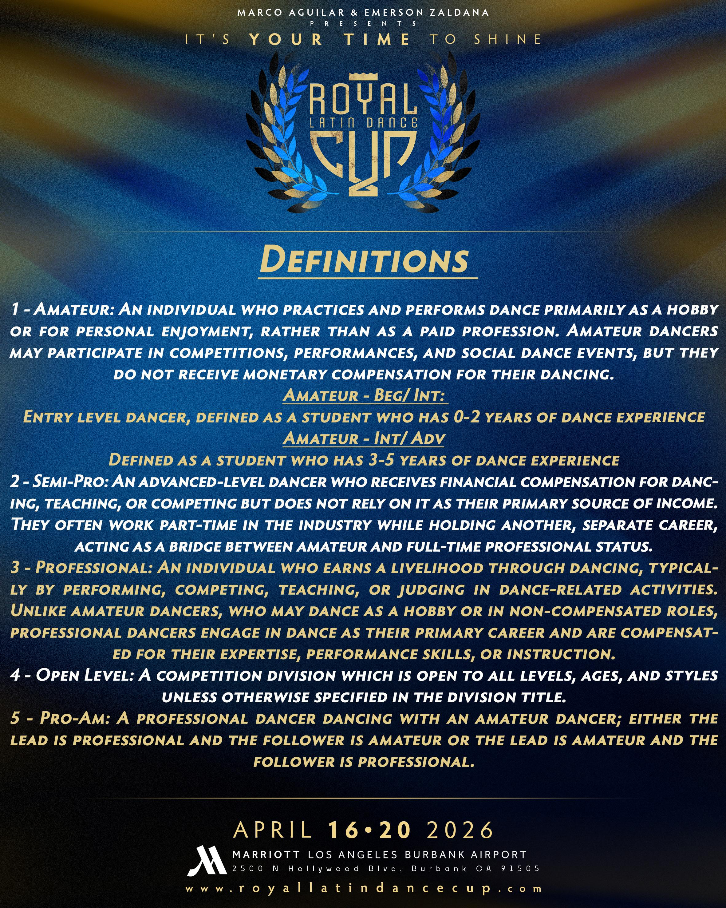 Competition Definitions - Detailed rules for couples, tricks, timing, and team categories