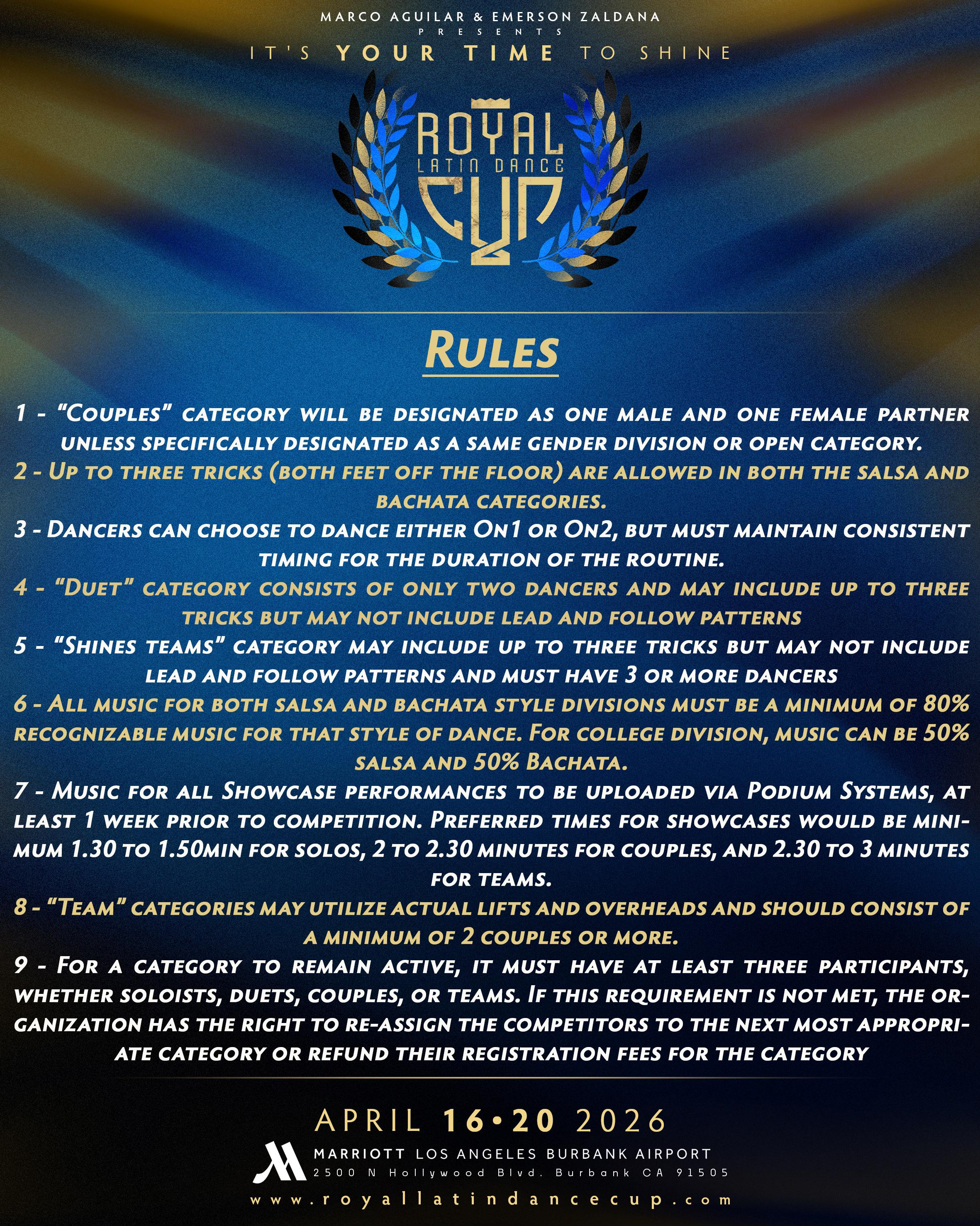 Competition Rules - Categories including Student, Amateur, Professional, and Pro-Am divisions